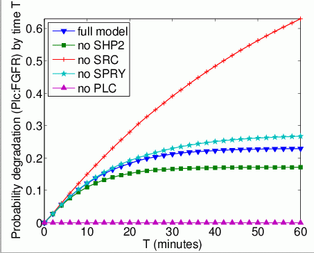 graph plotting the probability that Plc:FGFR degrades FGFR by time T